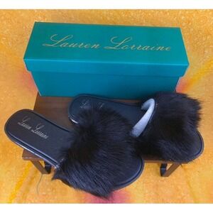 NIB‎ Lauren Lorraine Fluffy Black Slippers Flat Sandal Size Large